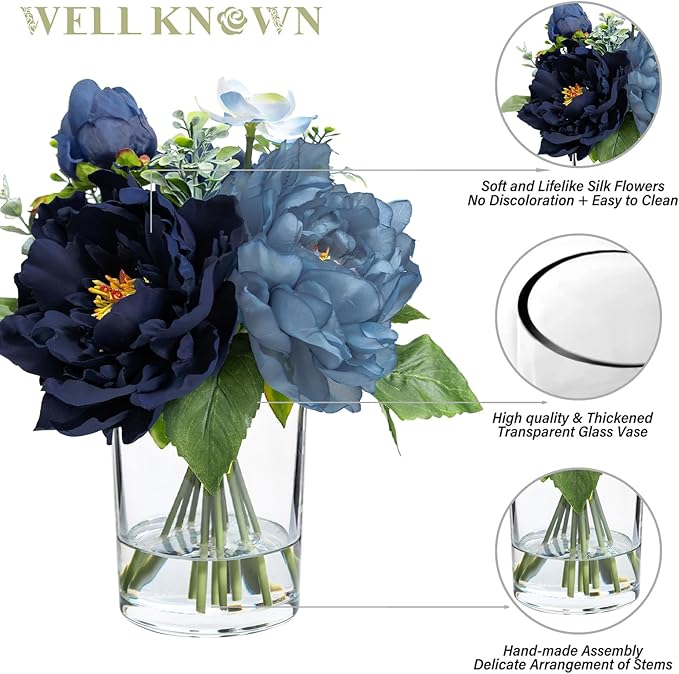 WELL KNOWN Artificial Flowers in Glass Vase with Fake Water, Silk Peony Flower Bouquet for Home Dinning Tea Table, Office Desktop, Hotel, Wedding, Party, Lavatory Decor & Gift (Navy Blue & Light Blue)