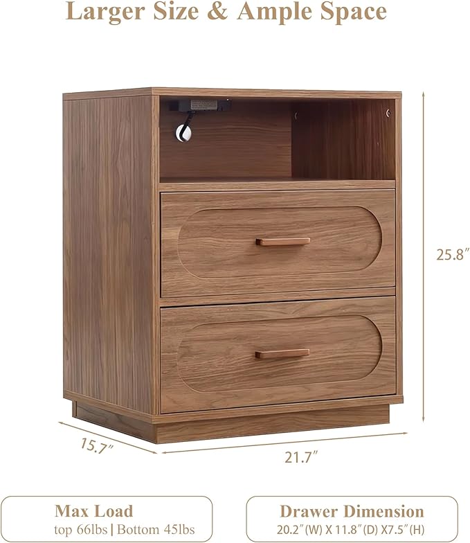 Walnut Nightstand with Charging Station, Modern End Table with 2 Drawers Storage, Space-Saving Wood Storage Cabinet with Unique Base Design, Bedside Table for Bedroom, Living Room