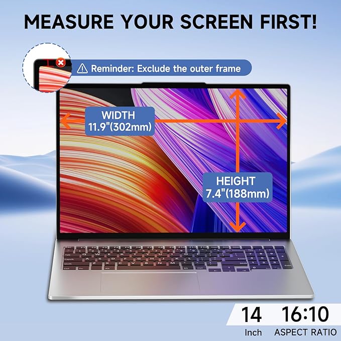 Laptop Privacy Screen 14 Inch 16:10 Aspect Ratio, Removable Laptop Screen Privacy Shield Compatible with Lenovo Hp Dell Acer Asus Thinkpad Envy Xps, Anti Glare Blue Light Computer Filter Protector