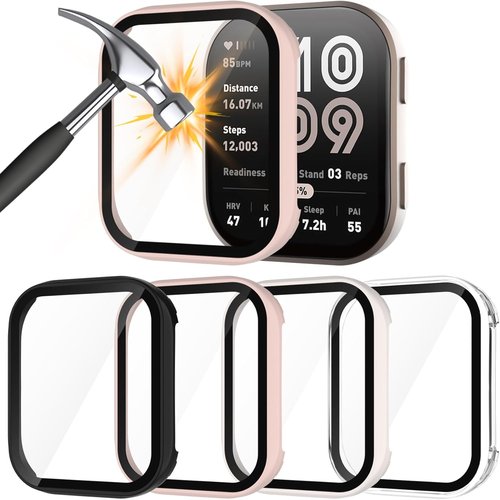 Amazfit Bip 6 Case - 4-Pack Hard PC Cover with HD Tempered Glass Screen Protector | Ultra-Thin, Anti-Scratch (Black, Pink, Beige, Clear)