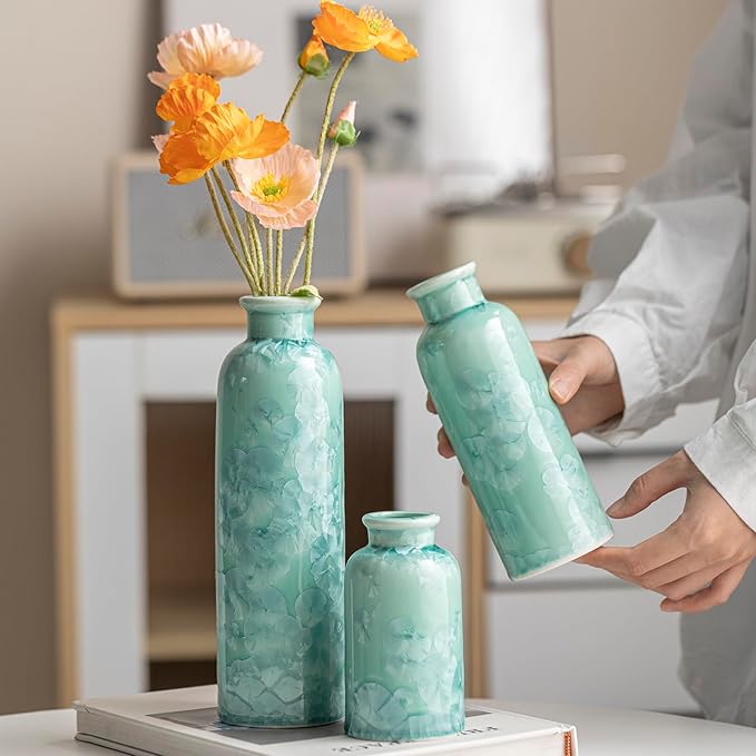 Modern Ceramic Vase Set of 3, Green Crystalline Glaze Colors, Decorative Bottles for Home, Farmhouse Rustic Decor Housewarming Gifts, Wedding Gifts, Birthday Gifts for Women(Crystalline Glaze Green)