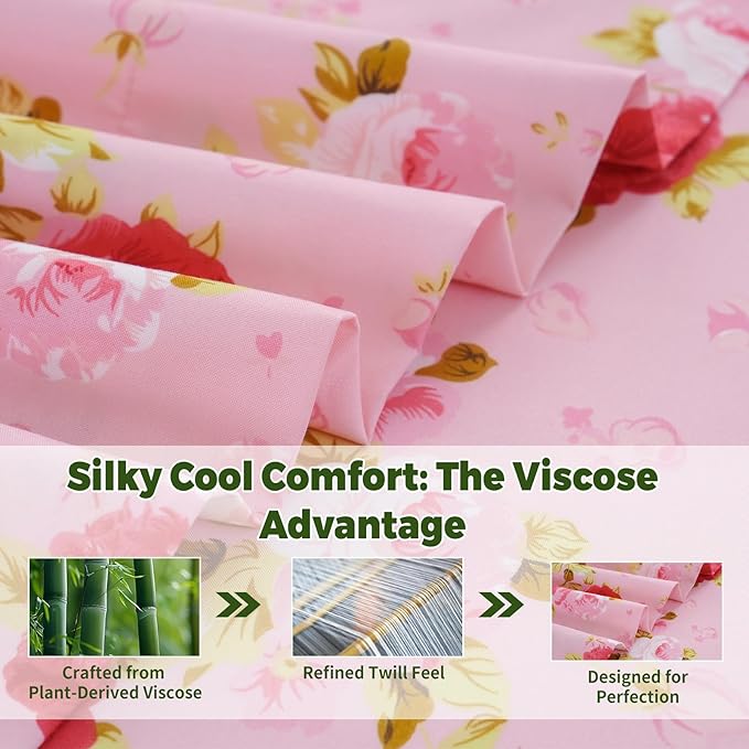 Bedlifes Queen Floral 4-Piece Sheet Set - Cooling Sheets Blend Rayon Derived from Bamboo,Soft & Breathable, Deep Pocket 16", Wrinkle Resistant - Vibrant Boho Floral in Rose Pink