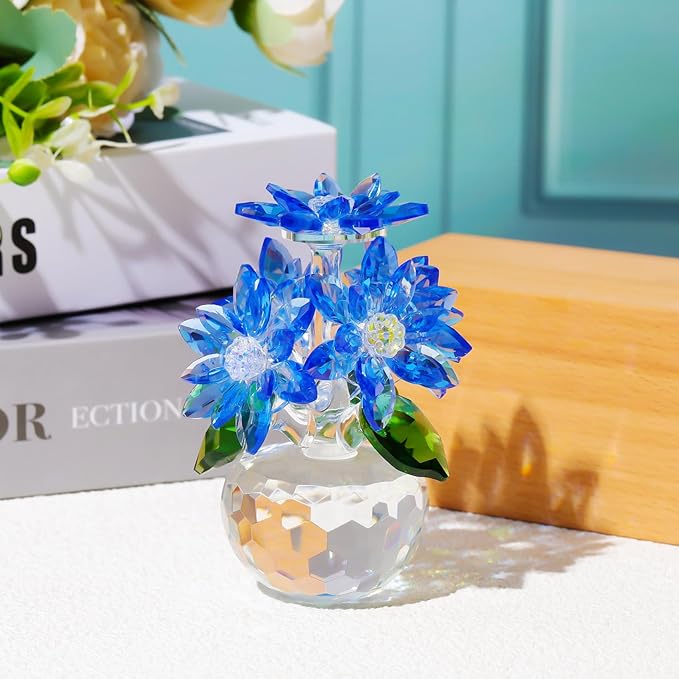 YWHL Beautiful Crystal Flower Gifts for Women, Blue Glass Flower Figurine with Stand, Handmade Art Collectible Statue Decor (Blue)