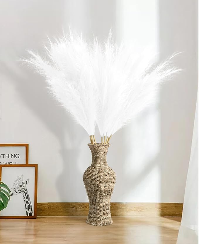 9 Pcs 45" Tall Pampas Grass White Decor, Long Stem Artificial Flower Floor Vase Large Faux Floral Pompas Fake Plants Dried Bouquet Arrangement Vase Filler for Boho Home Wedding Decoration