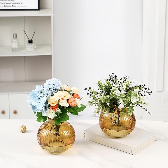 Round Glass Vases, Set of 2 Small Vases for Flowers, Amber Glass Vase for Tulips, Modern Vase for Living Room, Office, Coffee Table, Shelf, Wedding, 5 Inches