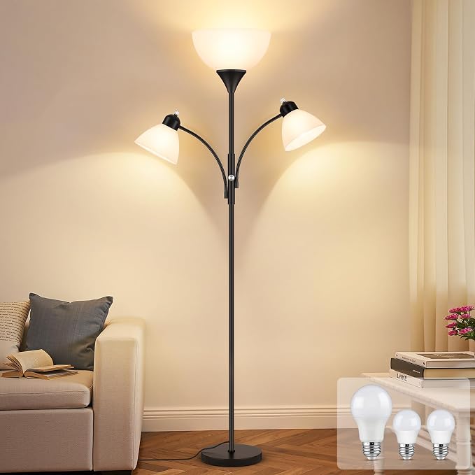 Coucrek Torchiere Floor Lamps for Living Room,72" Dimmable Lamp with 2 Adjustable Reading Lights for Bedroom, Black Tall Standing Room Lamp, 3 Bulbs Included
