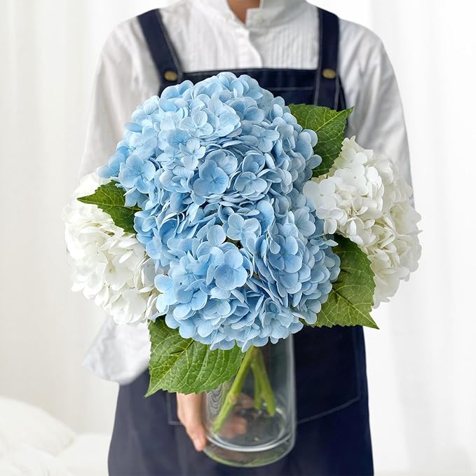4Pcs Real Touch Large Silk Fake Hydrangeas Artificial Flowers,Light Blue/White Fall Lifelike Faux Hydrangea Flowers, Flower for Halloween Christmas Centerpieces Table Kitchen Home