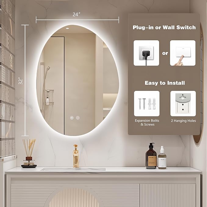 Niccy Irregular LED Bathroom Mirror, 24"x32" Asymmetrical Backlit Vanity Wall Mirrors, Frameless Lighted Mirrors for Bedroom, Living Room, Modern Smart-Mirror with Anti-Fog, Dimmable, Memory Function