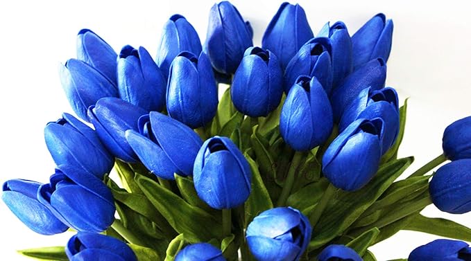 Artificial Flowers 10 Heads Mini Real Touch Artificial Tulip for Home Wedding Party Centerpiece Decoration (Sapphire Blue)