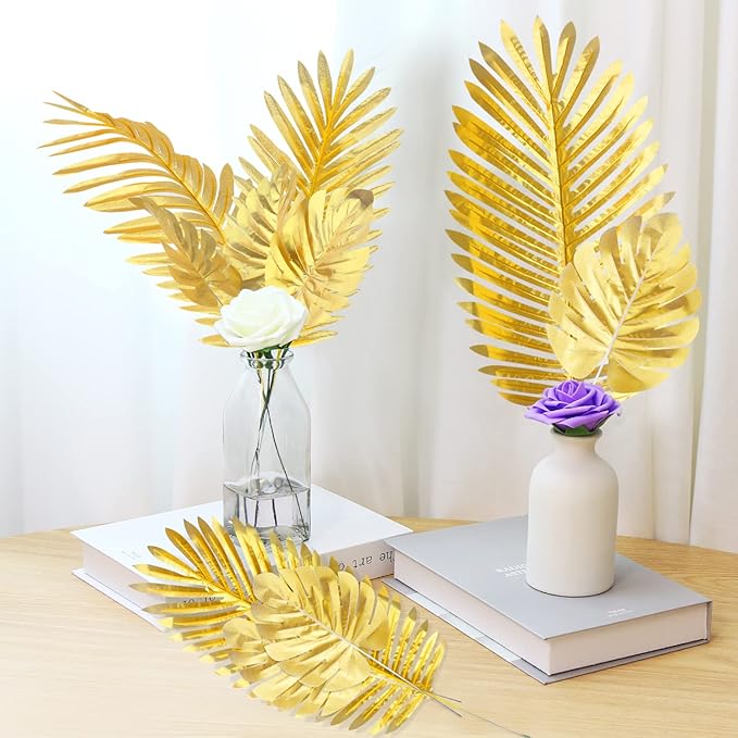 CCINEE 24PCS Golden Artificial Palm Leaves, Faux Monstera Leaves Simulation Safari Leaves with Stems for Home Hawaiian Luau Party Jungle Beach Theme Party Decoration