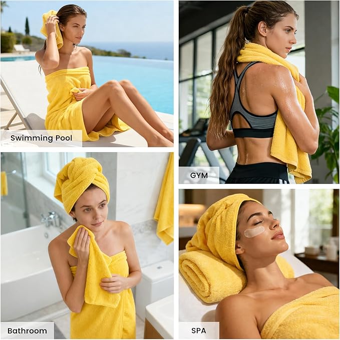 SEMAXE Bath Towel Set, 8 Piece Towel Set for Bathroom, Quick Dry Cotton Towels with Hanging Loops, Easy Care, Yellow