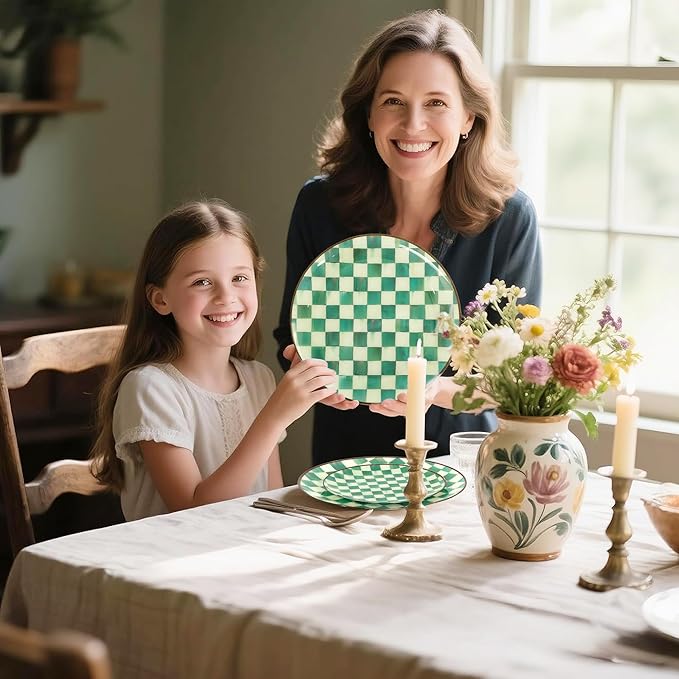 U-QE 20PCS Green Plastic Plates for Party - Retro Checkered Plates Disposable Heavy Duty - White and Green Disposable Plate for Party, Birthdays - 10 10.25 Inch Dinner and 10 7.5 Inch Dessert Plate