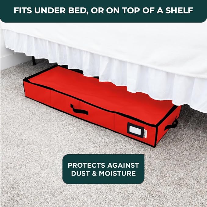 HOLDN’ STORAGE Premium Wrapping Paper Storage Container - Durable 600D Tear-Proof, Fits 27 Rolls Gift Wrap, Extra Pockets for Ribbons & Bows, Underbed Storage - Ideal for Holiday Christmas, Red