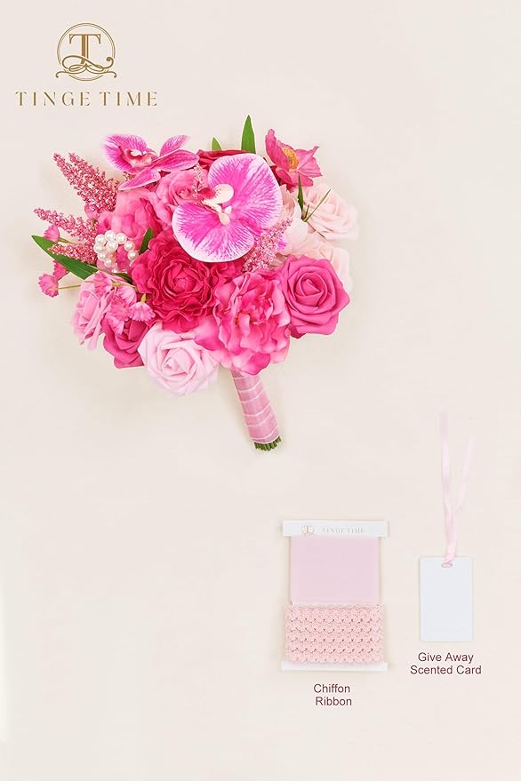 TINGE TIME 9 Inch Artificial Bridal Bouquet, Cascading Wedding Bouquet for Wedding Ceremony and Anniversary (Hot Pink)