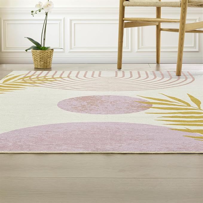 RoomTalks Cute Pink Nuresry Rug Washable, Boho Modern Contemporary Aesthetic 5x7 Area Rugs for Bedroom Dining Living Room Dorm, Abstract Art Tropical Leaves Thin Indoor Entryway Rug Carpet