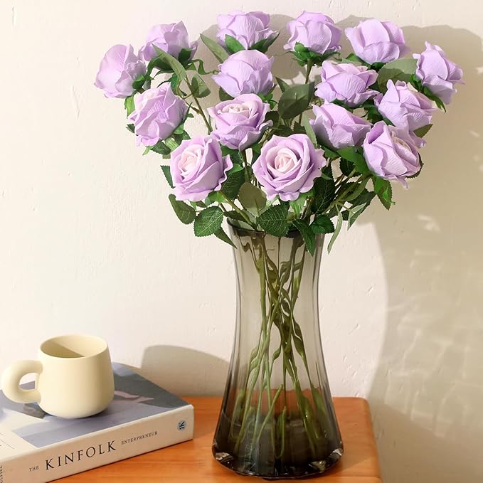 15Pcs Pearl Purple Roses Artificial Flowers Fake Roses Long Stem Velet Rose Silk Flowers for Home Wedding Decoration (Pearl Roses,Purple)