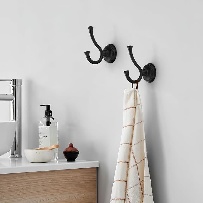 TUNNY Towel Hook Bathroom-2 Pack Matte Black Double Robe/Towel Hook Wall Mounted Hook for Bathroom Bedroom Kitchen