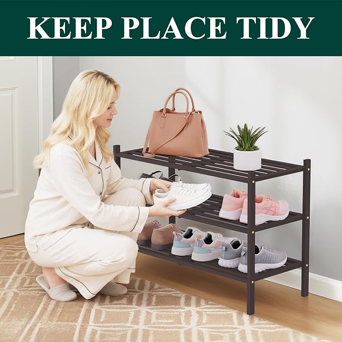 Smiry Bamboo Shoe Rack 3-Tier, Stackable Wooden Shoe Organizer for Entryway & Closet, Free Standing Wood Shoe Storage Shelf for Front Door & Small Spaces, Brown