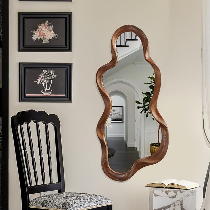 Asymmetrical Mirror Large Irregular Wall Mirror Modern Wood Frame Unique Artistic Mirrors Cute and Stylish Cloud Wavy Mirrors Decorative for Cloakroom Bedroom Living Room Bathroom Entryway 30"x14"
