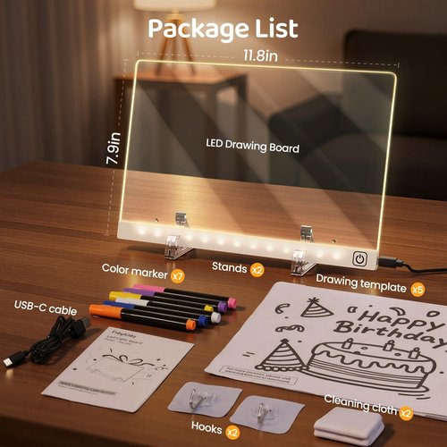 LED Drawing Board - 7 Colors & 3 Light Modes | Rechargeable Glow Doodle Board with 7 Markers & Tracing Book (7.9"x11.8")