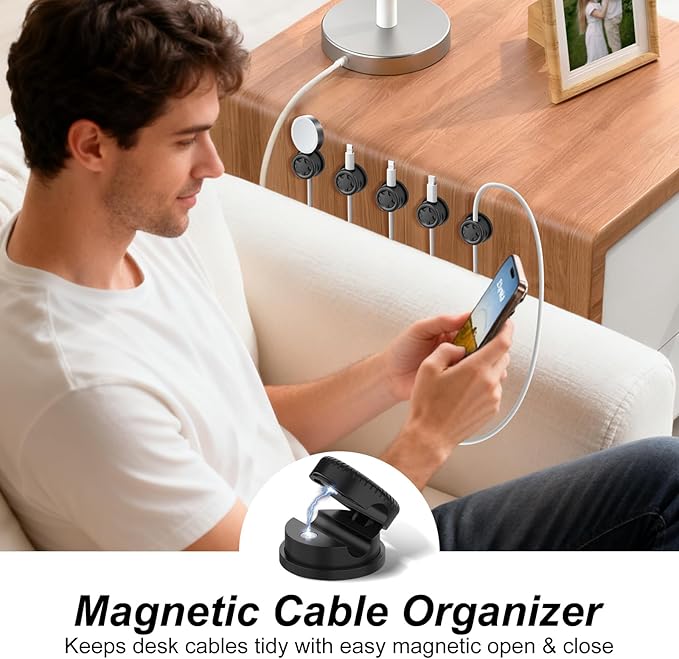 6 Pack Cord Organizer Magnetic Cable Clips, 360° Rotation Cable Clips - Adjustable Cord Holder for Nightstand, Adhesive Cable Management Cord Clips, Cable Holder & Charger Organizer（Black