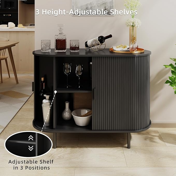 Buffet Sideboard Cabinet with Storage, 40" Fluted Cabinet with Sliding Door & Adjustable Shelf, Modern Accent Coffee Bar Console Table for Kitchen, Entryway, Black