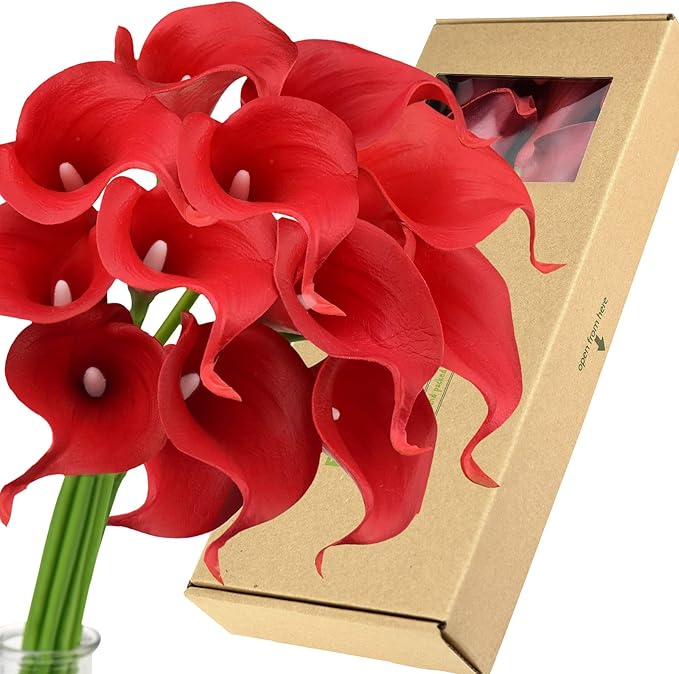 FiveSeasonStuff Real Touch Calla Lily Artificial Flowers Wedding Bridal Bouquet | Floral Arrangements | 15 Calla Lilies (Scarlet Red)