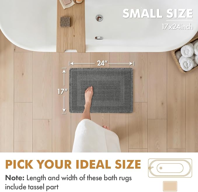 MIULEE Set of 2 Waffle Bathroom Rugs, Boho Bath Rug Super Absorbent, Non Slip Washable Ultra Soft Rubber Backed Shower Bath Mats for Floor, Tub, Shower, Looped Design, Dark Grey, 17x24 Inch