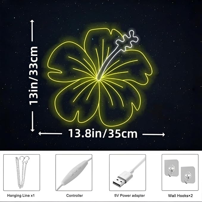Neon Plumeria Flower Sign, Dimmable Tropical Floral LED Neon Light for Wall Decor, Artistic Flower Wall Art Light Up Sign for Home, Bedroom, Patio, Tiki Bar, Salon, Party Gift USB Powered