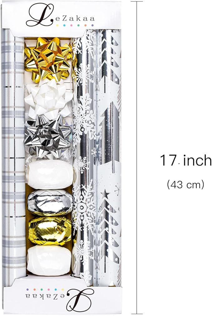 LeZakaa Christmas Wrapping Paper Bundle - Mini Roll with Bow, Ribbon, Sticker and Gift Tag -Silver Metallic Foil Design with Tree/Snowflake/Plaid Print- 17 x 120 inches -3 Rolls(42.5 sq.ft.ttl.)