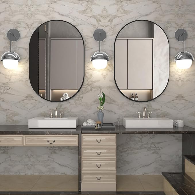 Oval Bathroom Mirror Capsule Wall Vanity Mirror, 24"x36" Pill Mirrors Wall Mounted Mirror, Large Modern Mirror with Black Metal Frame, Decor for Entryway, Bedroom, Living Room