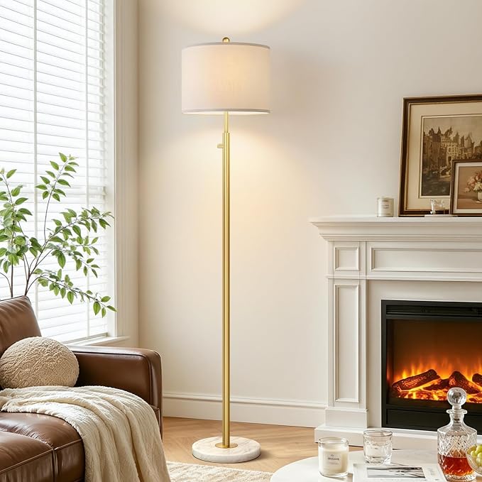 【Upgraded】Dimmable Gold Floor Lamps for Living Room, 11W LED Bulb Included, Modern Standing Lamp with Marble Base, Tall Pole Light with White Linen Shade for Bedroom Reading Office Corner Nursery