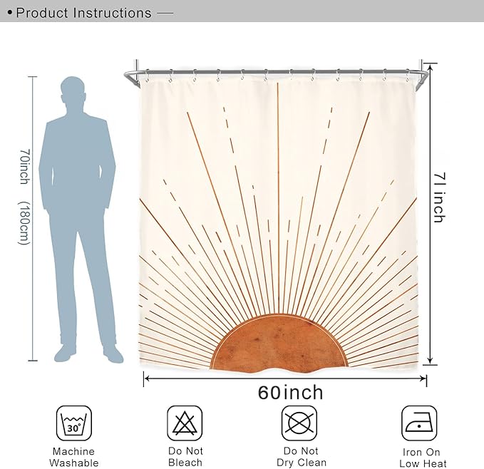 Miyotaa Rust Sun Abstract Shower Curtain Set 60Wx71H Inches Minimalist Mid Century Modern Vintage Aesthetic Sunrise Polyester Waterproof Bathroom Curtain with 12 Hooks