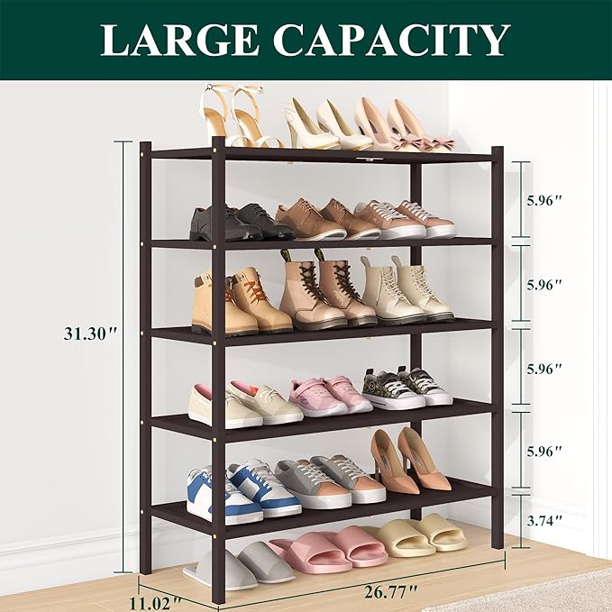 Smiry Bamboo Shoe Rack, 5 Tier Shoe Organizer for Entryway & Closet, Stackable Free Standing Storage Shelf for Shoes, Bags & Plants, Brown