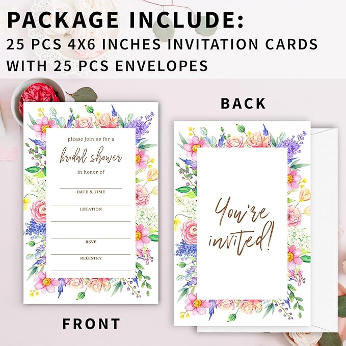 Boho Bridal Shower Invitations, Wildflowers Invites with Envelopes, 4x6 Set of 25 Invite Card for Wedding Shower, Newlyweds, Party Favor & Decorations-A05