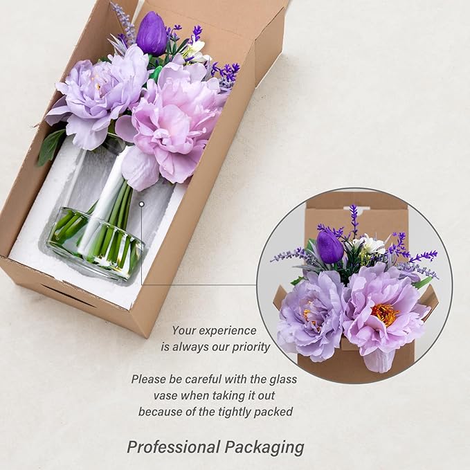 WELL KNOWN Artificial Flowers in Glass Vase with Fake Water, Silk Peony Fake Tulip Bouquet for Home Dinning Tea Table, Office Desktop, Hotel, Wedding, Party, Lavatory Decor & Gift (Lavender Purple)