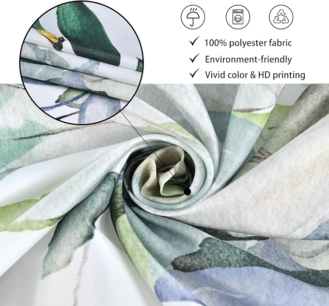 Sage Green Eucalyptus Shower Curtain, Watercolor Leaves Plant Spring Floral Waterproof Fabric Machine Washable with Hooks for Bathroom Bathtub Decor 60Wx72H