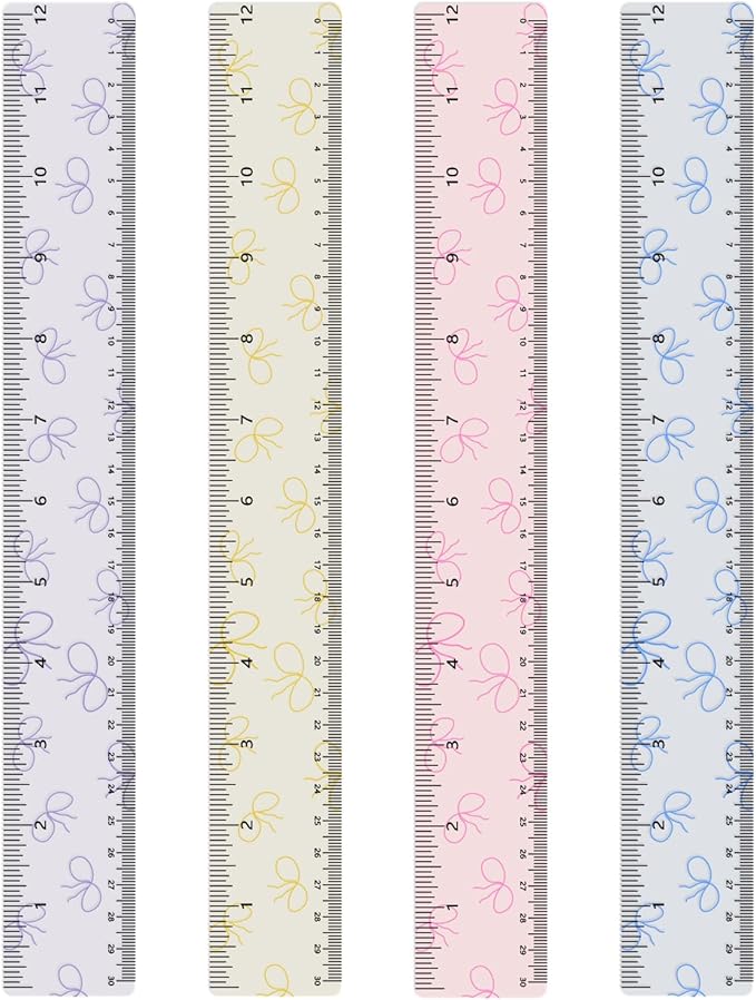 BAYTORY 4Pcs Transparent Acrylic Ruler 12 Inch, Clear Plastic Straight Rulers, Shatterproof Student Stationery Centimeters with Inches, for Classroom Essentials School Supplies (Bowknot)