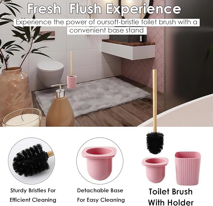 Pink Bathroom Accessories Set, 10 Pieces Bamboo Bathroom Set with Trash Can, Tray, Soap Dispenser, Soap Dish, Toothbrush Holder, Toothbrush Cup, Tissue Holder, Toilet Brush and Qtip Holders