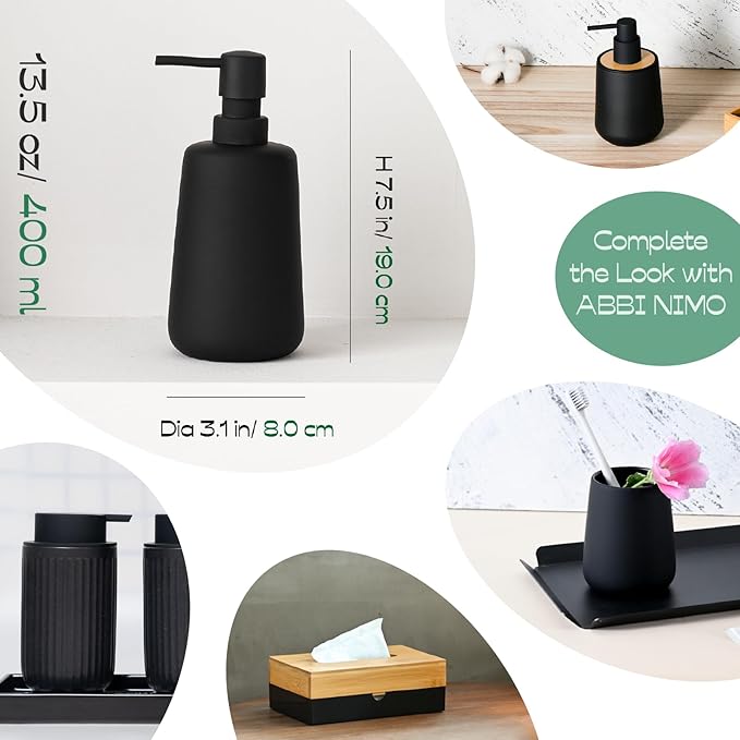 2 Pack Soft Touch Rubber Coating Matte Black Ceramic Soap Dispenser, 13 oz Refillable Pump Bottle for Bathroom or Kitchen Countertop, Non-Slip and Comfort Grip