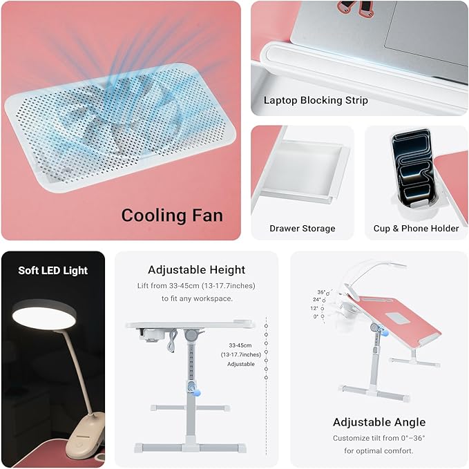 iXTRA Laptop Lap Desk with Cooling Fan - Adjustable Bed Desk with Light, Bed Table with Cup Holder&Phone Holder - Storage Drawer Desk - Folding Bed Desk,Pink,70x45cm