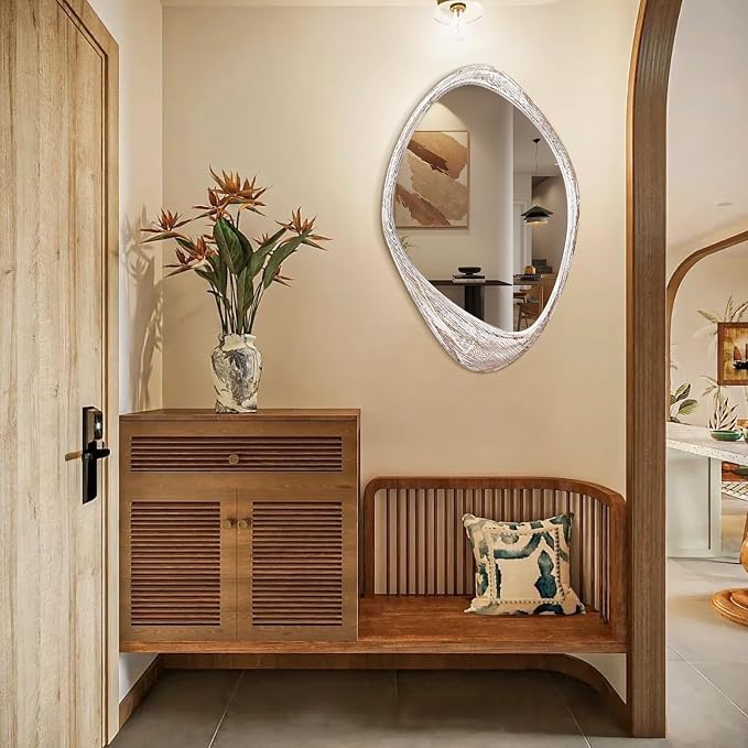 AAZZKANG Irregular Wall Mirror Wooden Large 24"x16" Asymmetrical Decorative Rustic Hanging Mirrors for Bedroom Dressing Room Living Room Bathroom Entryway White
