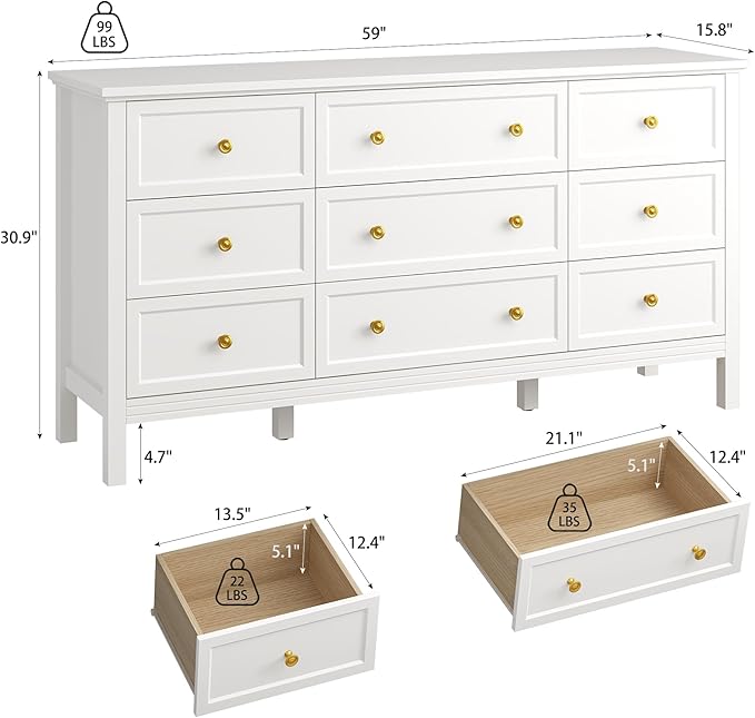 White 9 Drawers Dresser for Bedroom, 59'' Large Wood Dresser with Gold Handles, Modern Wide Chest of Storage Drawers for Hallway, Living Room
