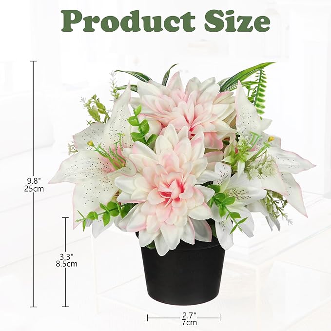 Pink Artificial Flowers Small Fake Flowers in Vase Peonies Dahlia Tiger Lily Potted Silk Flower Arrangements Faux Plants & Flowers Home Bathroom Kitchen Table Centerpieces Desk Decor