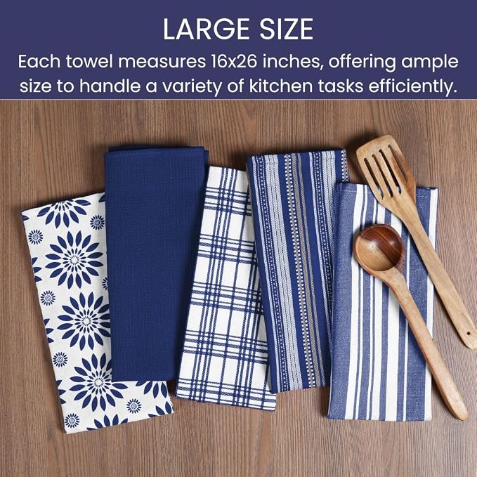 Assorted Kitchen Towels Large 16x26 inches 100% Cotton Set of 5 - Soft Absorbent Washable Tea Towel for Kitchen - Dish Cloths with Hanging Loop - Quick Drying Dish Towels Navy Blue