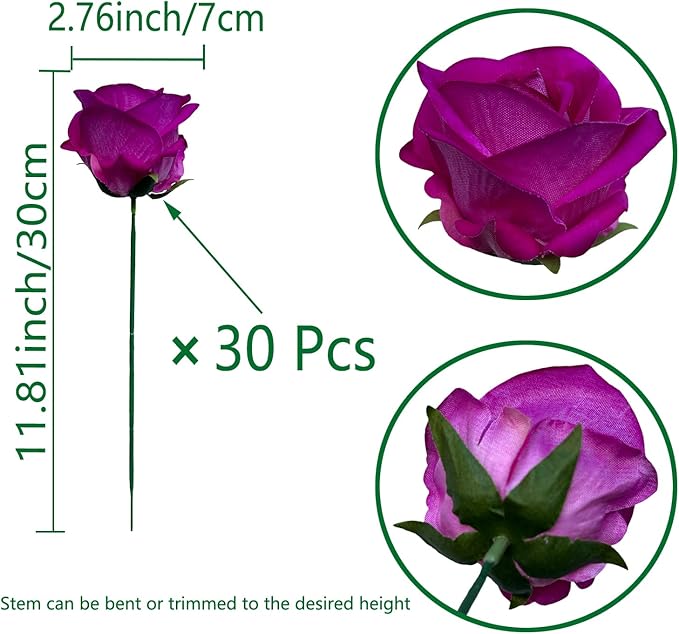 FagusHome 30 Pcs Silk Rose Artificial Flowers Roses Bulk Bouquet Fake Flowers Rose Heads with Stems for Home Wedding Decor (Purple)