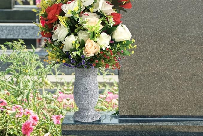 Grave Vase for Cemetery Memorial Grave Decoration Marble Color with Ground Spikes Comes with Flower Foam…