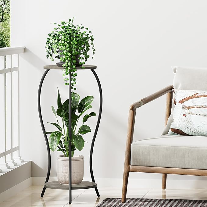Plant Stand Indoor, 2 Tier Round Tall Plant Stand, Flower Pot Stand, Plant Shelf Rack, Corner Plant Stand for Planter Garden Balcony Patio Living Room, Grey
