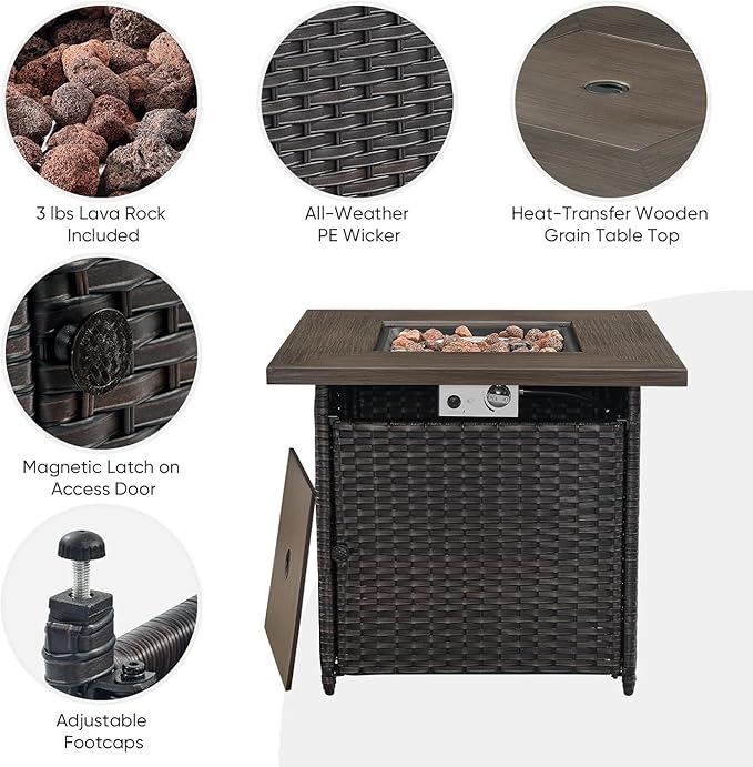 Belord 50000 BTU Propane Fire Pit Table, 30x30x26 Inches, Brown Wicker, Square, Modern Style, Steel, Powder Coated Finish