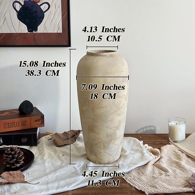 15 Inch Farmhouse Decor Ceramic Rustic Vase,Beige Handmade Flower Vases for Centerpieces,Pottery Vase for Living Room,Kitchen & Bedroom Decor,Vintage Ceramic Vases for Wedding